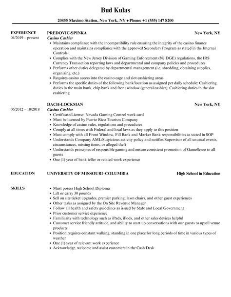Casino Cashier Resume Samples .